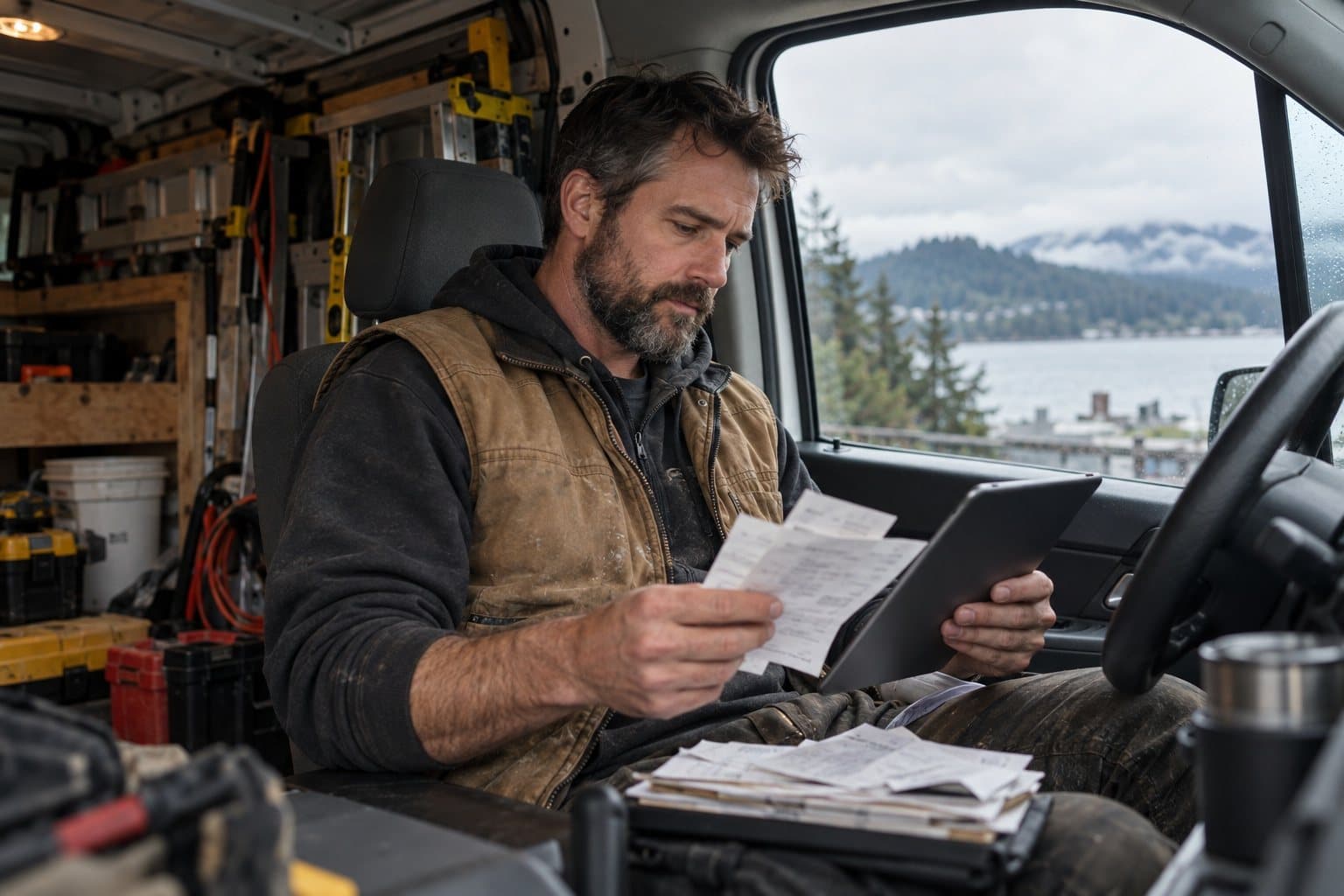 A contractor reviewing invoices on a tablet in his work van